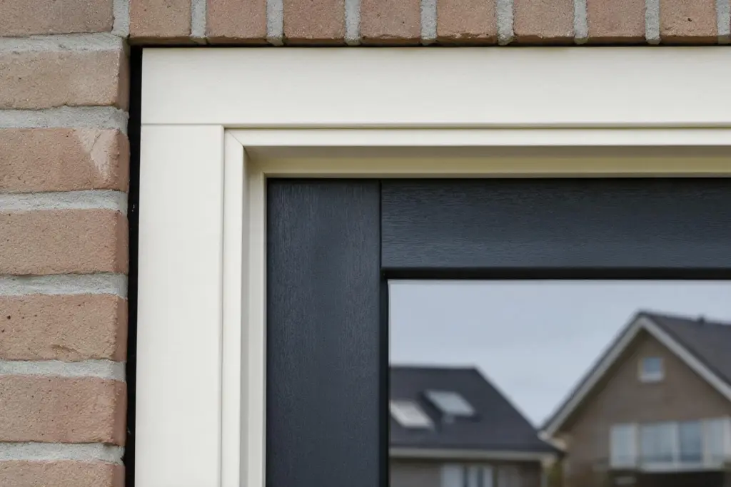 Detail van een kunststof kozijn met HVL-verbinding: de hoek sluit recht aan zoals bij een houten kozijn, met een crèmekleurig kozijn en antracietgrijze draaivleugel in een bakstenen gevel
