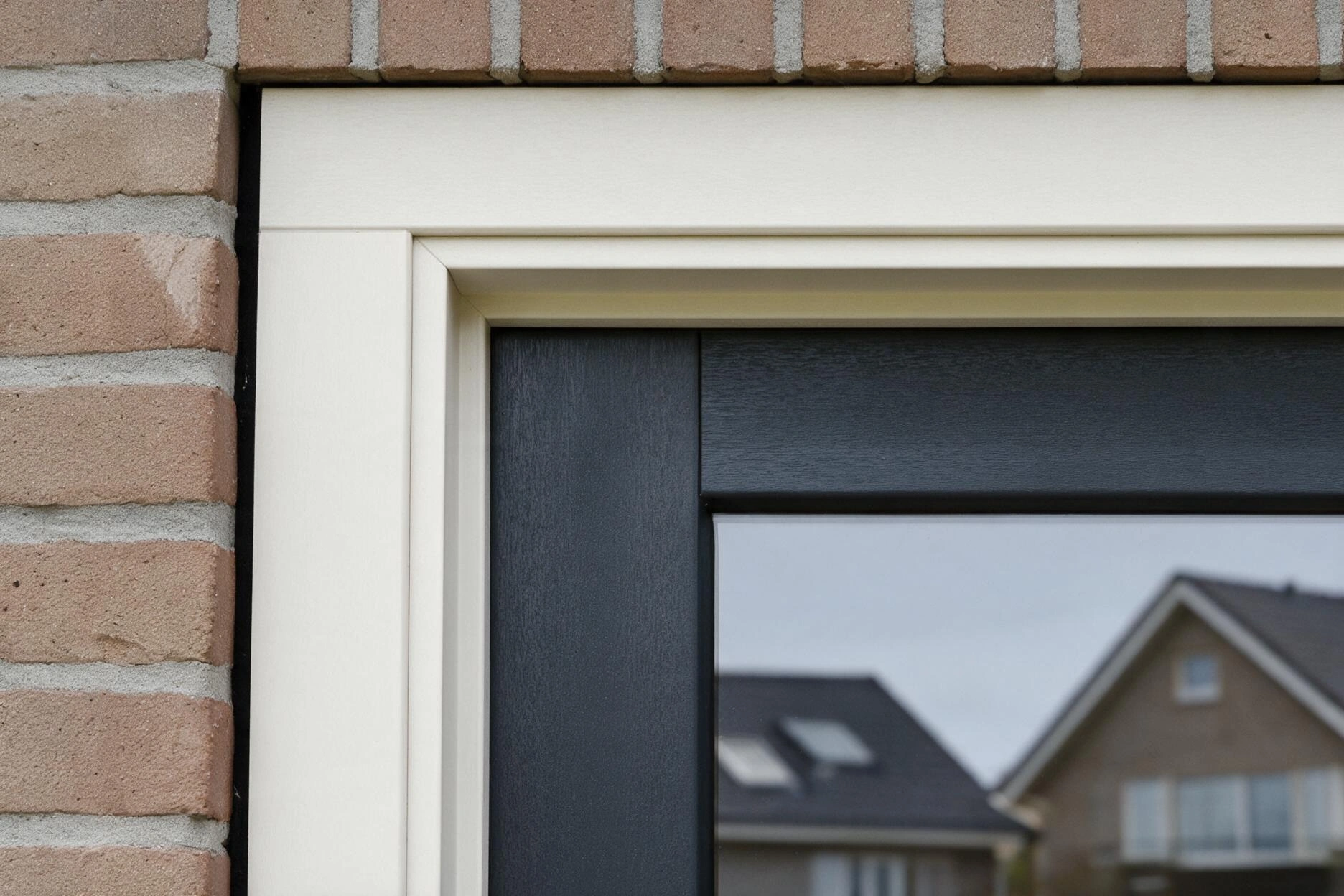 Detail van een kunststof kozijn met HVL-verbinding: de hoek sluit recht aan zoals bij een houten kozijn, met een crèmekleurig kozijn en antracietgrijze draaivleugel in een bakstenen gevel
