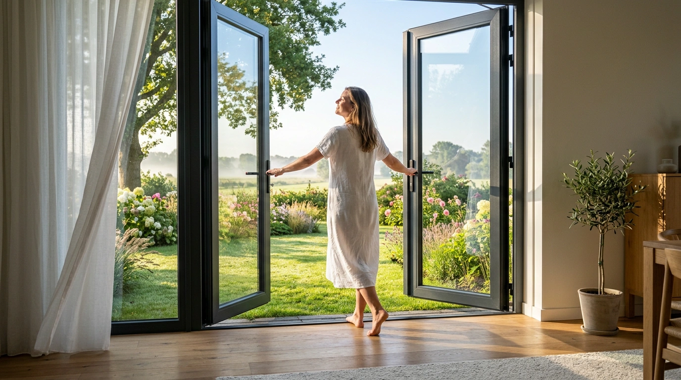Vrouw zwaait op een zonnige ochtend antracieten stolpdeuren open naar een bloeiende tuin
