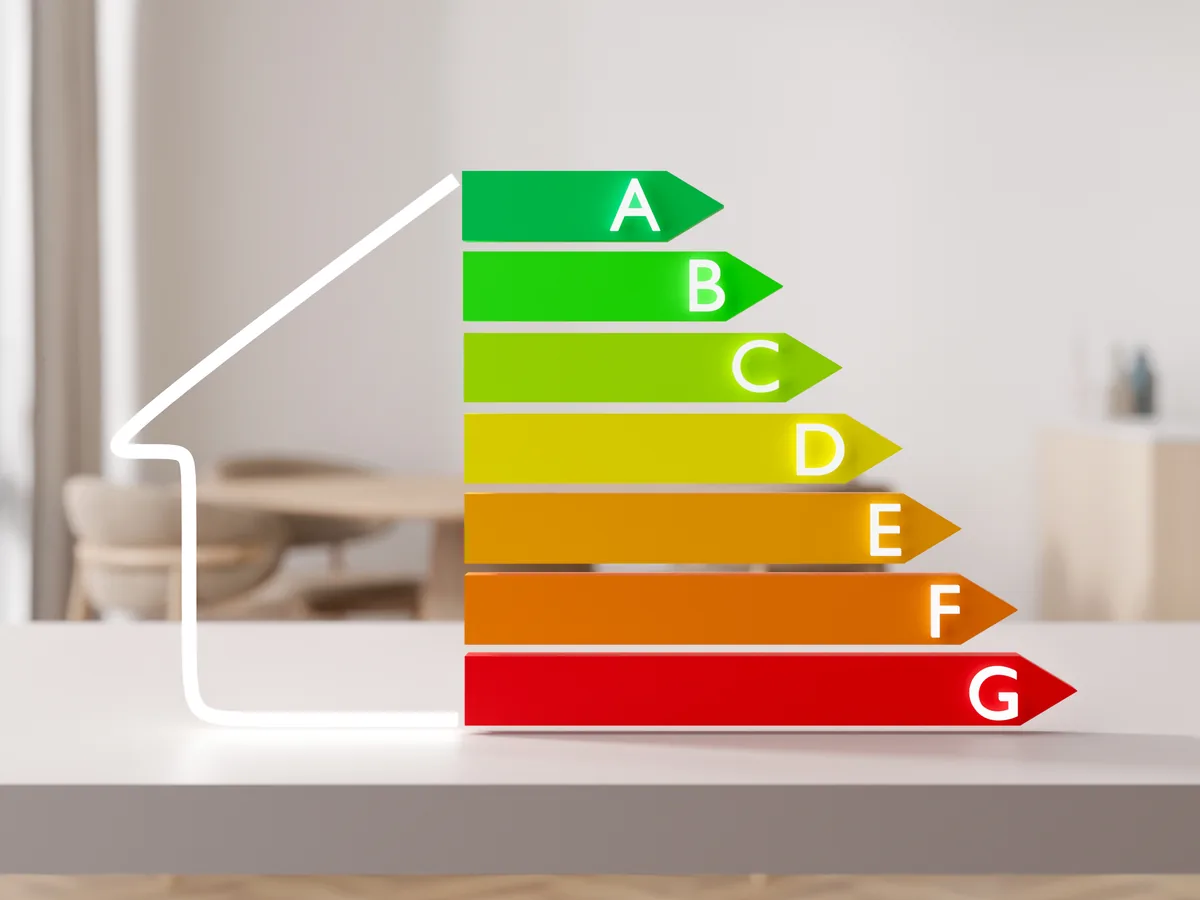 Energielabel van A tot G naast het silhouet van een woning