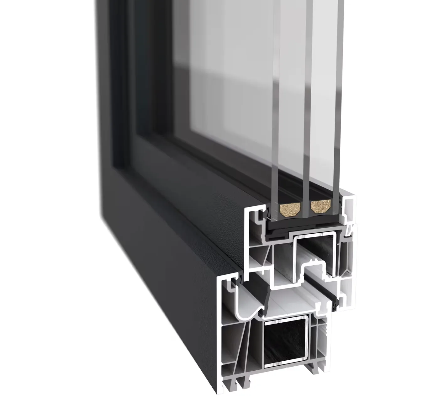 Doorsnede van het GEALAN-LINEAR profiel van 74 mm met triple glas, kamers, stalen versterking en middendichting
