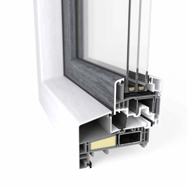 Doorsnede van het GEALAN S 9000 NL profiel met triple glas, kamers en middendichting