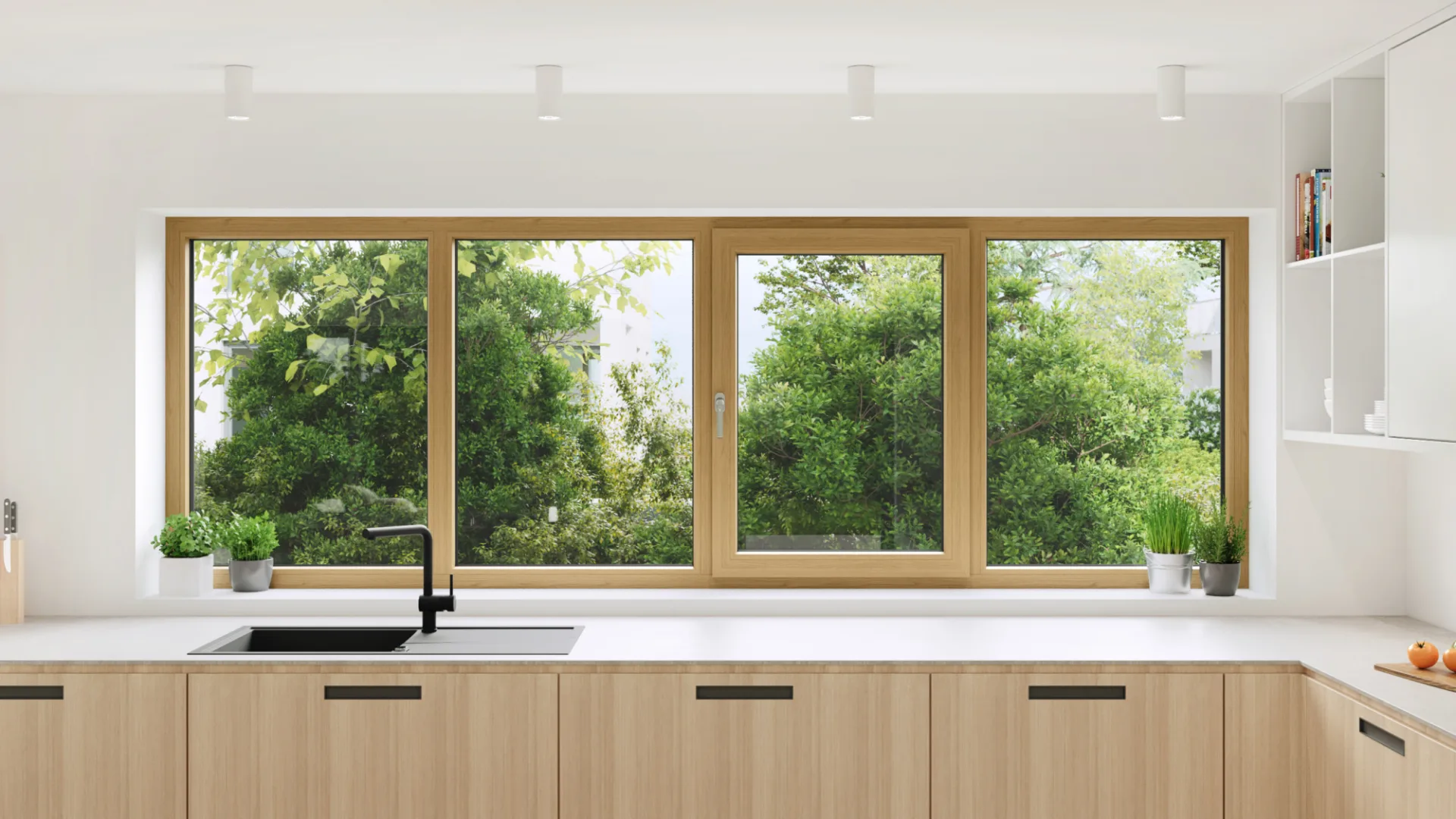 Keuken met Schüco kozijnen in eiken-houtdecor aan de binnenzijde
